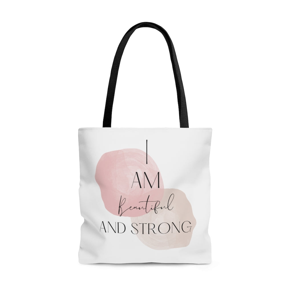 I Am Beautiful And Strong Durable Affirmation Tote Bag- Inspirational Tote Bag, Laptop Tote Bag, Office Tote Bag, Self-Care Gift Tote Bag, Tote Purse